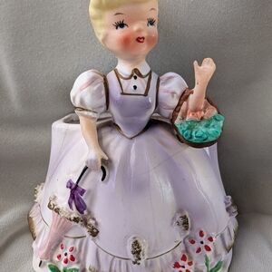 Porcelain Lavender Lady Vase Figurine with Floral Basket